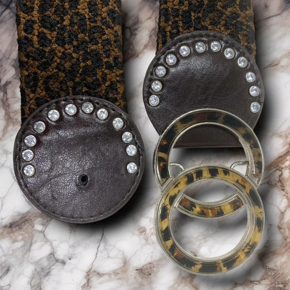 Vintage Y2K Leopard Elastic Double Circle Buckle Waist Belt New Wave Sz S/M - Picture 4 of 5